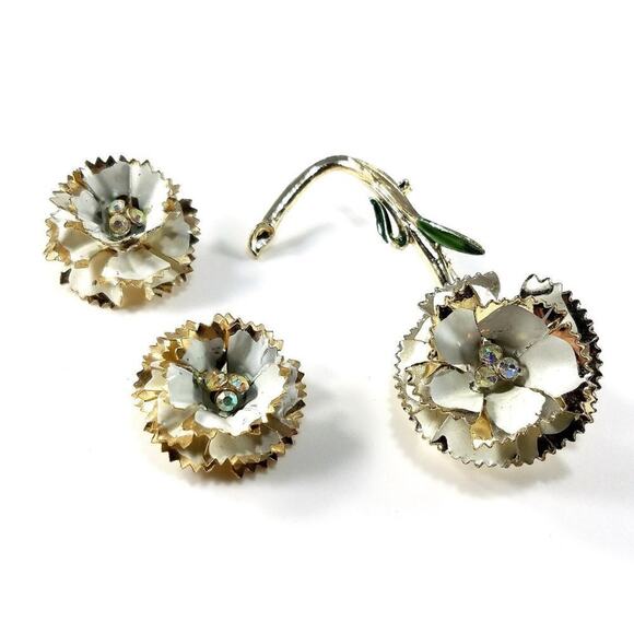 Vintage White Enamel Flower Brooch & Clip Earrings Set Gold Tone AB Rhinestones - Picture 5 of 10